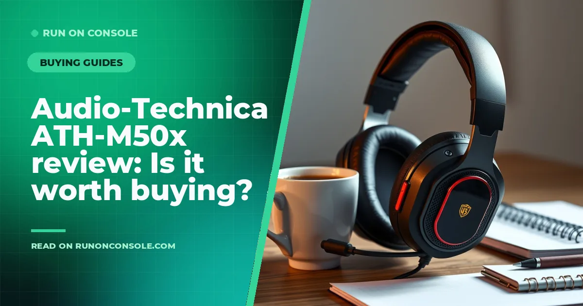 Audio-Technica ATH-M50x headphones on a desk with gaming setup