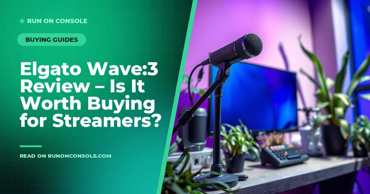 A sleek black Elgato Wave:3 microphone on a desk with a pop filter attached, illuminated by soft studio lighting