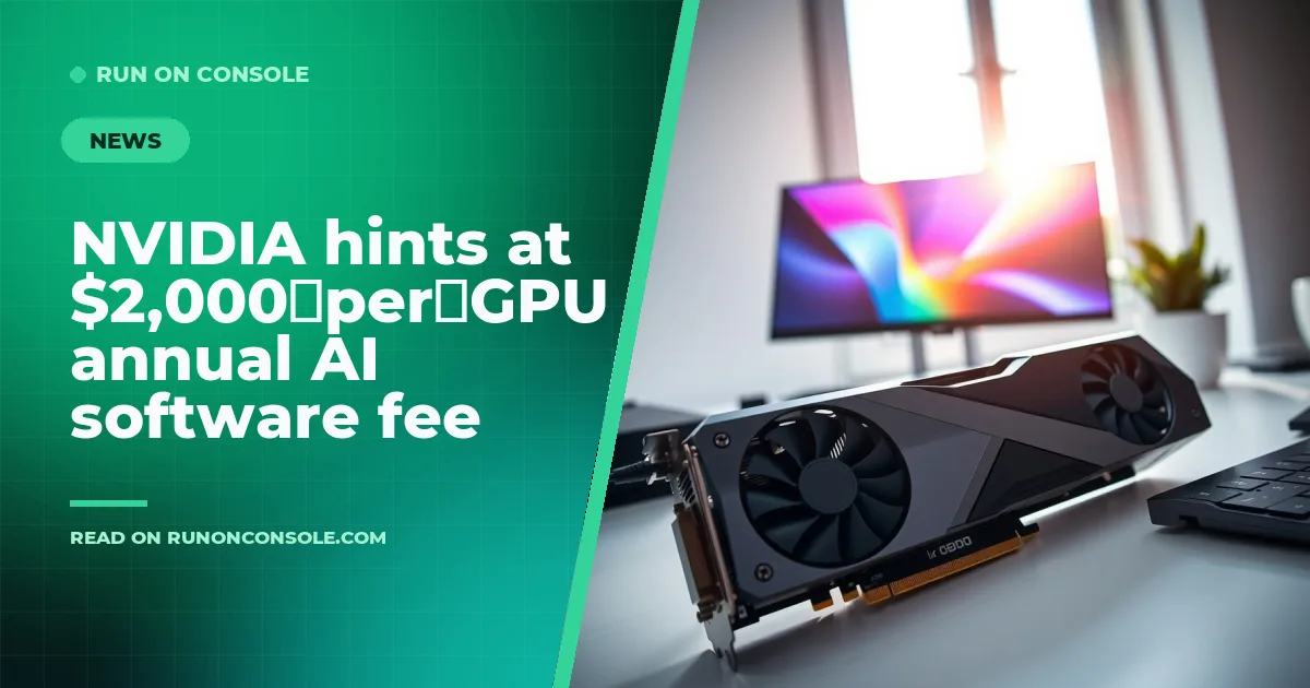 NVIDIA data center GPU with a software overlay indicating a $2,000 annual fee
