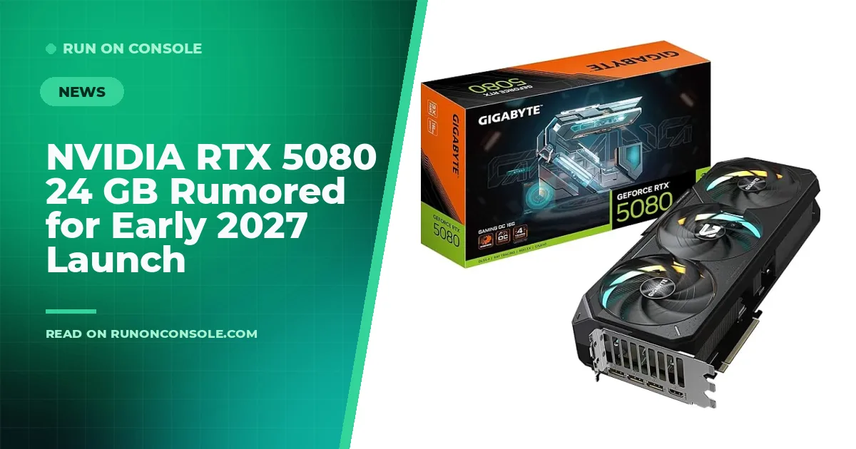 A sleek Nvidia RTX 5080 graphics card rendered in a futuristic lighting setup