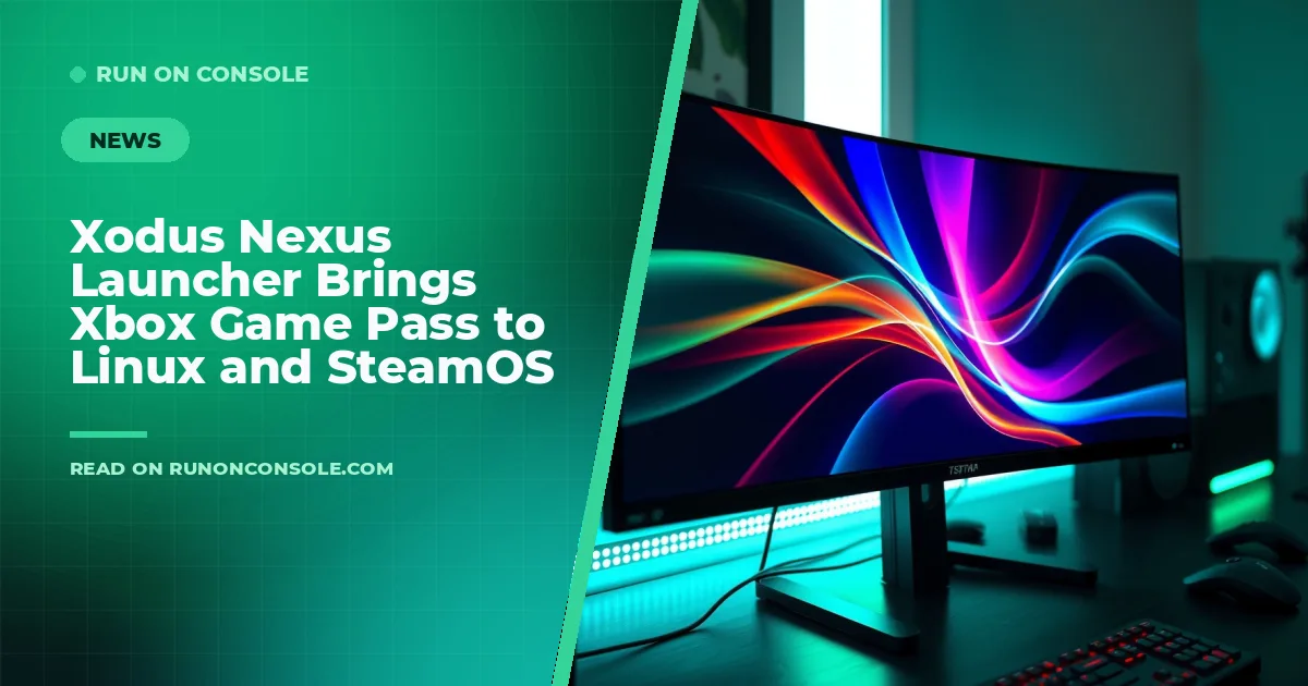 Linux desktop showing Xodus Nexus launcher UI with Xbox Game Pass library